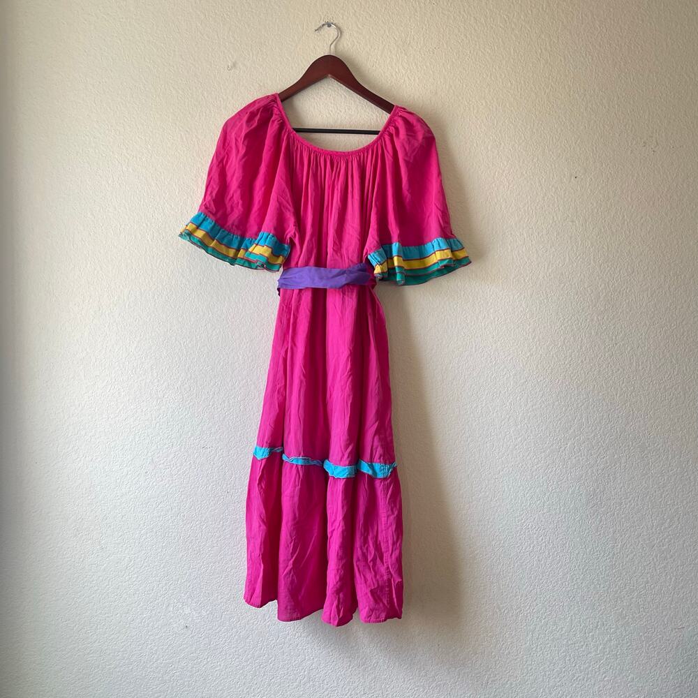 Vintage pink tiered midi‎ dress with flutter sleeves one size fits most